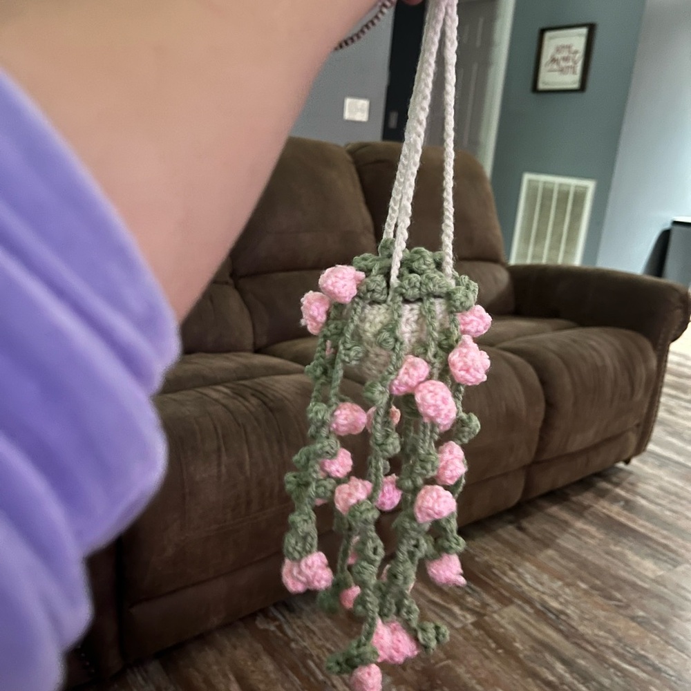 Crochet Plant Hanger with Pink Flowers